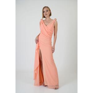 Carmen Puppy Mouth Shoulder Stoned Slit Chiffon Evening Dress