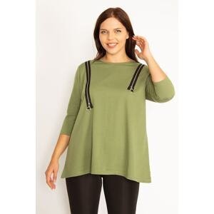 Şans Women's Plus Size Khaki Ornamental Zippered Sweatshirt