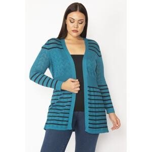 Şans Women's Plus Size Green Openwork Knitted Striped Sweater Cardigan