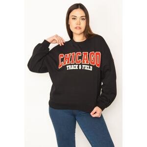 Şans Women's Plus Size Black Sweatshirt with Embroidery Detail and Ribbed