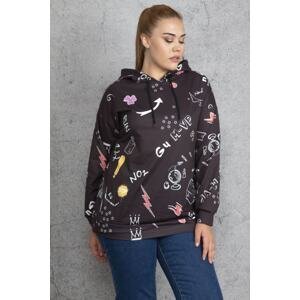 Şans Women's Plus Size Black Front Printed Hooded Sweatshirt