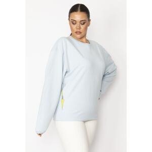 Şans Women's Plus Size Blue Cotton Fabric Crewneck Sweatshirt with Print Detail on the Back