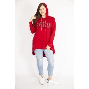 Şans Women's Red Large Size Sequin Detailed Hooded Long Back Sweatshirt