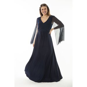 Şans Women's Plus Size Navy Blue Evening Dress with Waist Detailed Sleeves and Tulle