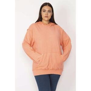 Şans Women's Plus Size Orange Hooded Kangaroo Sweatshirt with Pocket