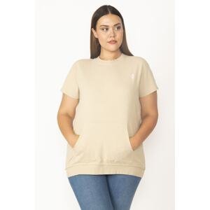 Şans Women's Plus Size Camel Kanuru Pocket Low Sleeve Sweatshirt