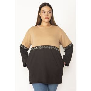 Şans Women's Plus Size Camel Print And Pocket Detailed Color Combination Sweatshirt