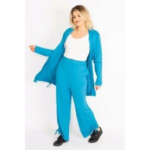 Şans Women's Plus Size Blue Side Lace-Up Detail Cardigan and Pants Suit
