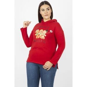Şans Women's Plus Size Red Cotton Fabric Printed Hooded Sweatshirt
