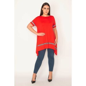 Şans Women's Plus Size Red Stripe Detailed Asymmetrical Tunic