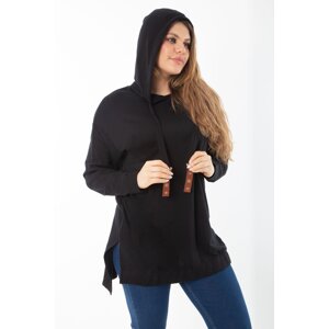 Şans Women's Plus Size Black Back Long Side Slit Hooded Sweatshirt