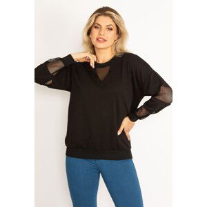 Şans Women's Large Size Black Mesh Detailed Sweatshirt