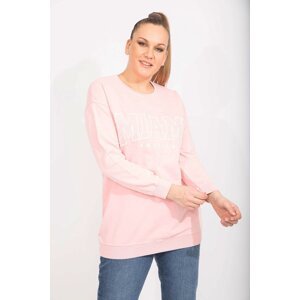 Şans Women's Plus Size Pink Cotton Fabric Stone And Print Detail Sweatshirt