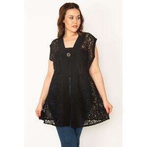 Şans Women's Plus Size Black Stone Brooch Lace Cardigan with Buttons