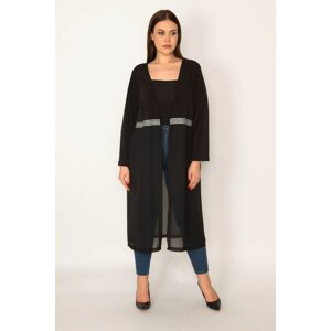 Şans Women's Black Long Cardigan with Chiffon Bottom Part and Ribbon Detail at Waist