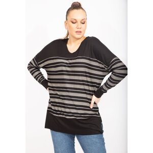Şans Women's Plus Size Black Stripe Pattern V-Neck Viscose Tunic