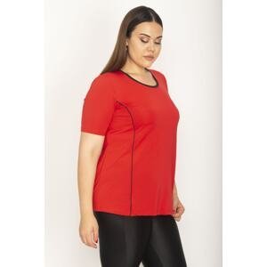 Şans Women's Plus Size Red Collar And Tapered Short Sleeve Blouse