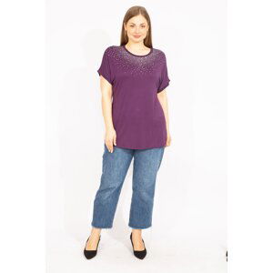 Şans Women's Plum Plus Size Stone Detailed Low-Sleeve Blouse