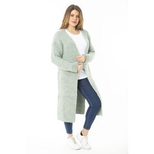 Şans Women's Large Size Green Slit Thick Knitwear Long Cardigan