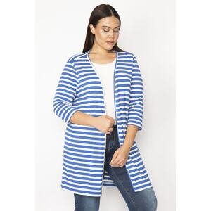 Şans Women's Plus Size Sax-Cotton Striped Cardigan