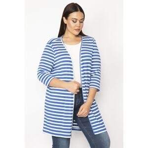 Şans Women's Large Size Saks Cotton Fabric Striped Cardigan
