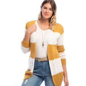Şans Women's Plus Size Mustard Openwork Knit Colored Cardigan
