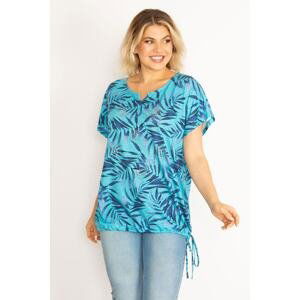 Şans Women's Plus Size Blue Stone Detailed Hem Tunnel Laced Blouse