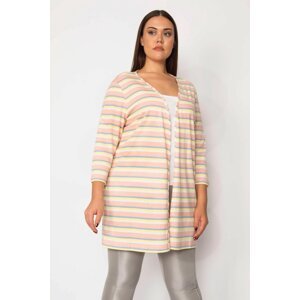 Şans Women's Plus Size Pink Cotton Fabric Striped Cardigan