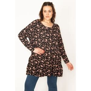 Şans Women's Plus Size Black Tunic with Front Pats Buttons and Tiered Hem
