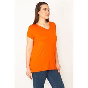 Şans Women's Large Size Orange V-Neck Short Sleeve Blouse