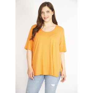 Şans Women's Orange Plus Size Front Two Layer Short Sleeve Lycra Blouse