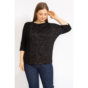 Şans Women's Black Large Size Glitter Detailed Long Sleeve Blouse