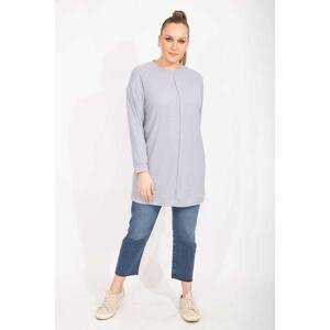 Şans Women's Plus Size Gray Camisole Long Tunic with Fabric Front Stitching Detail