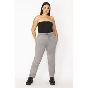 Şans Women's Plus Size Gray Sports Pants with Elastic Waist and Slip Eyelets with Pockets
