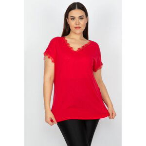 Şans Women's Plus Size Red Lace Detail Viscose Blouse