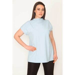 Şans Women's Plus Size Blue Organic Cotton Crew Neck Cup Blouse