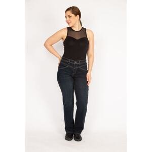 Şans Women's Navy Blue Large Size Jeans with Cup Stitching Detail