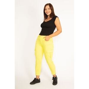 Şans Women's Large Size Yellow Leg Zippered Cargo Lycra Trousers