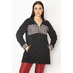 Şans Women's Plus Size Black Checkered Detailed Hooded Coat