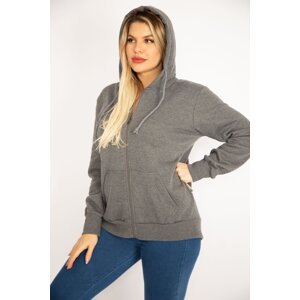 Şans Women's Gray Back Double Zipper And Snap Button And Front Zipper Inner Raising Sweatshirt