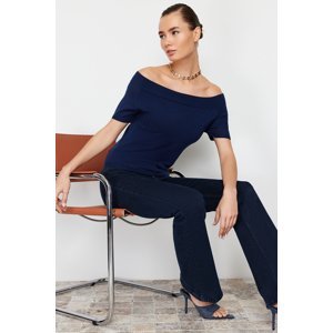 Trendyol Navy Blue Premium/Custom Yarn Carmen Collar Knitwear Sweater