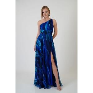 Carmen Saxe Blue Single Sleeve Slit Printed Evening Dress