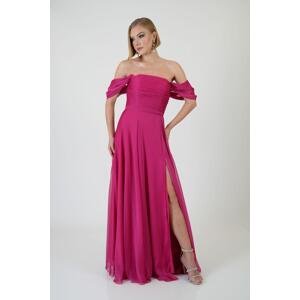 Carmen Fuchsia Low Sleeve Slit Chiffon Evening Dress