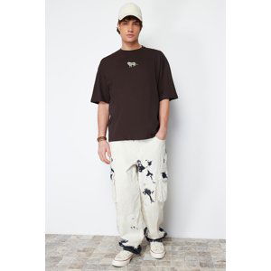 Trendyol Dark Brown Oversize Animal Embroidery Printed 100% Cotton T-Shirt