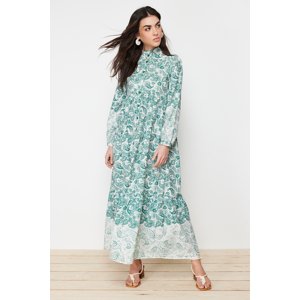 Trendyol Blue Ethnic Patterned Crew Neck Linen-Looking Woven Shirt Dress