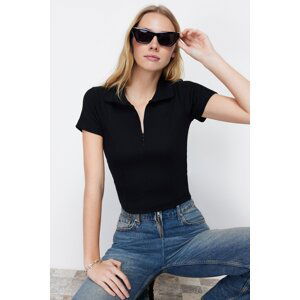 Trendyol Black Ribbed Stitching Detailed Polo Neck Crop Stretchy Knitted Blouse