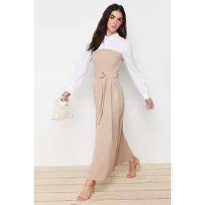 Trendyol Beige Belted Inside Shirt Detailed Woven Dress