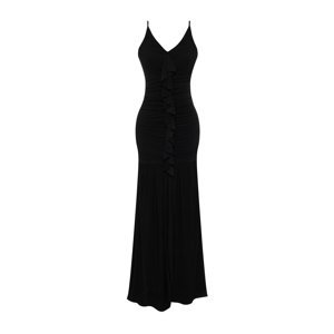 Trendyol Black Body-Sitting Ruffle Long Evening Dress