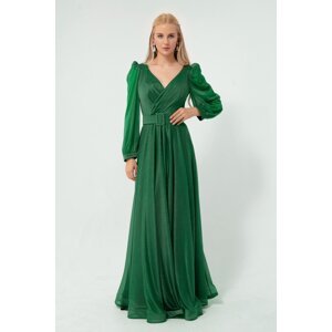 Dámske smaragdovo zelené, dvojradové gombíky, trblietavé dlhé večerné šaty s rozšíreným spodkom od Lafaba.