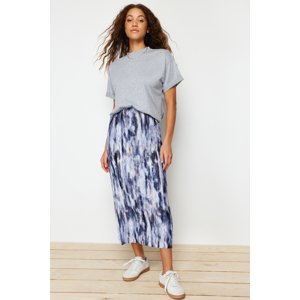 Trendyol Blue Printed Regular Elastic Waist Pleated Maxi Knitted Skirt